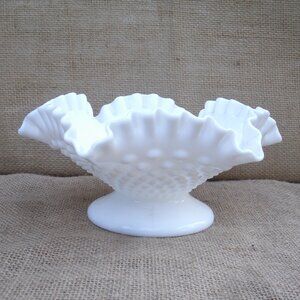 Vintage Fenton Milk Glass Ruffled Hobnail Candy Dish